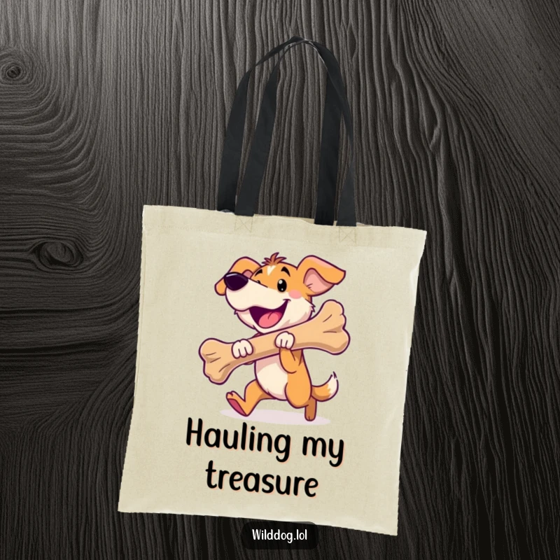 Funny wild dog tote bag with a happy dog carrying a large bone, great for daily use.