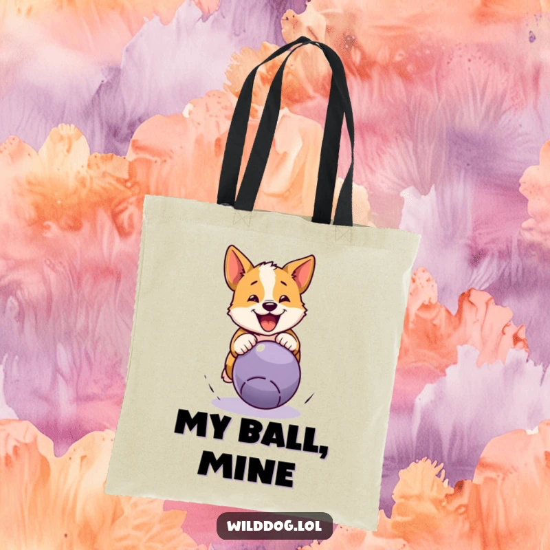 Funny wild dog tote bag depicting a dog joyfully pouncing on a bouncing ball, a humorous and practical accessory for daily use.