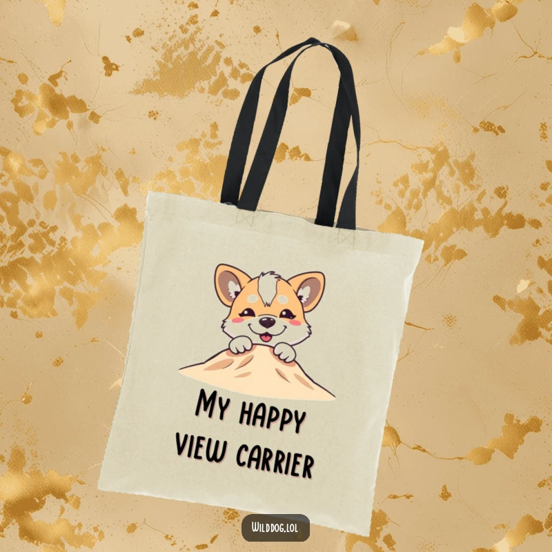 Funny wild dog with a silly grin peeking over a small hill on a durable tote bag, perfect for essentials.