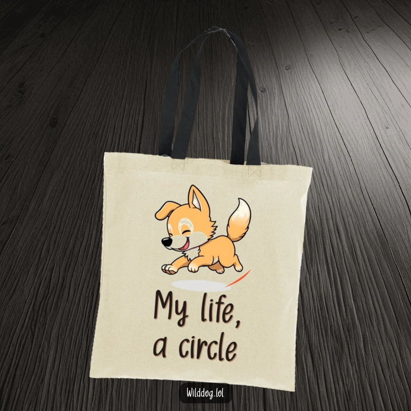 Funny wild dog tote bag depicting a dog chasing its tail in a circle, a humorous and practical accessory for daily use.