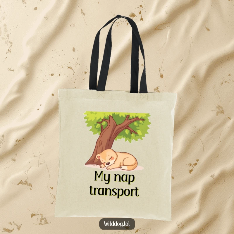 Funny Wild Dog Napping Tote Bag featuring a dog sleeping peacefully under a sunny tree.