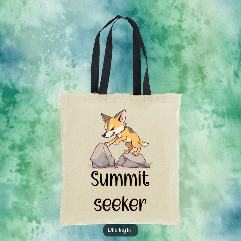 Funny Wild Dog Climbing Tote Bag featuring a dog determinedly trying to climb a small rock.
