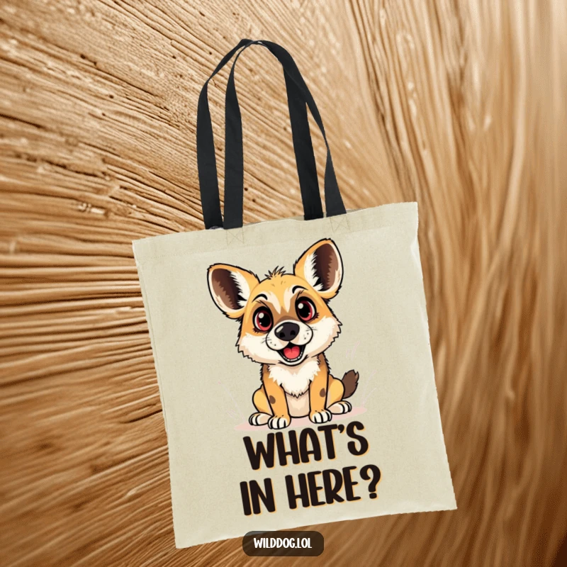 Funny tote bag print of a wild dog with striking wide eyes and an open mouth, conveying a sense of immediate, playful astonishment.